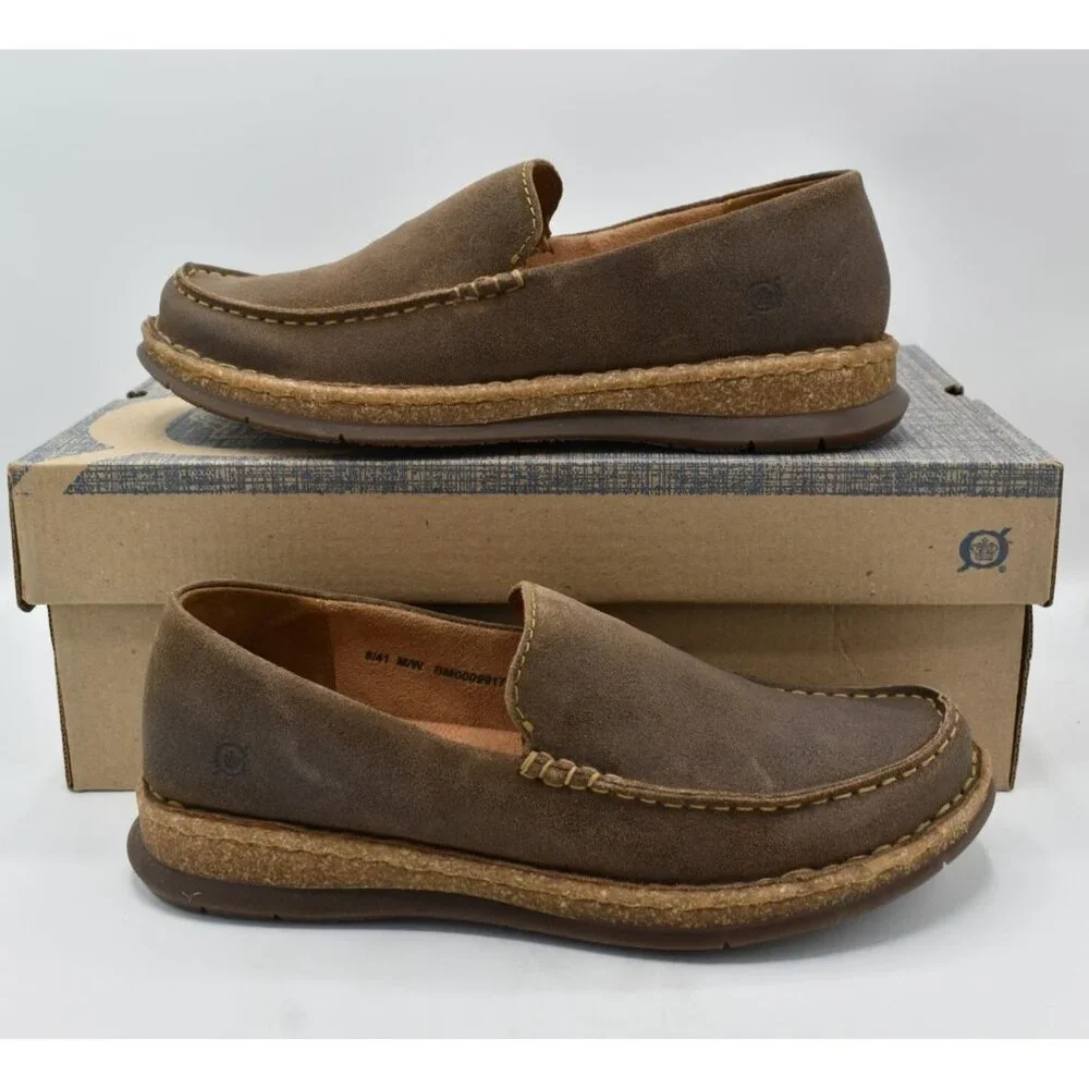 Born Mens Size 10.5 Baylor Taupe Distressed Suede Slip On‎ Loafers Shoes